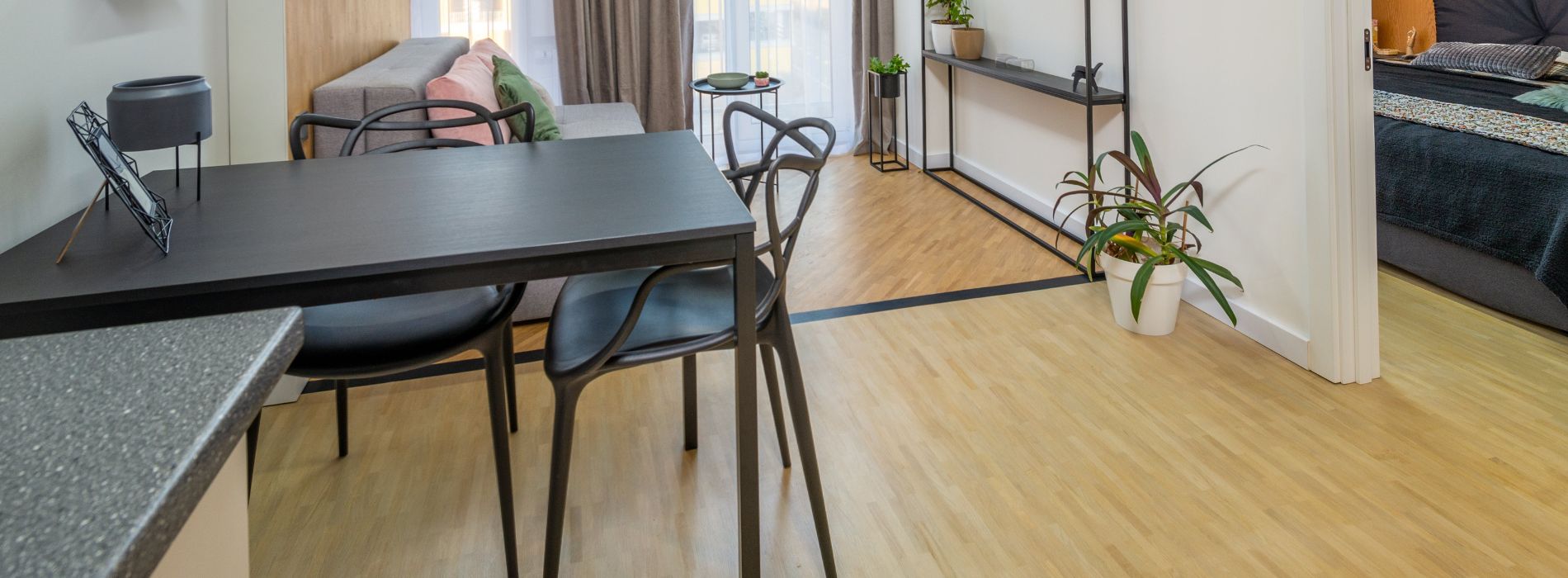 Stylish, open-plan living space with a sleek dining table and chairs, light wooden flooring, a cozy sofa, and indoor greenery in South Wimbledon, SW19.
