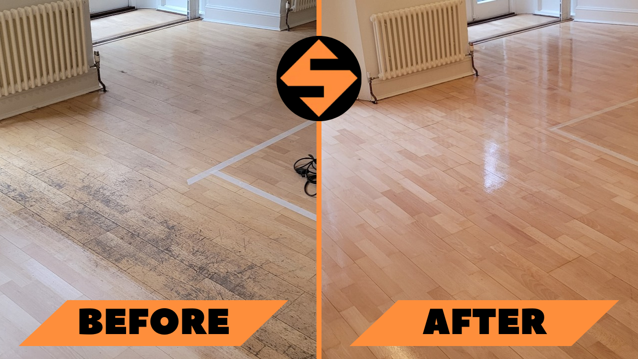 Before and after comparison of a wooden floor in a room with white walls and radiators, showing the results of sanding and refinishing. The left image displays a dirty and worn floor with noticeable black marks, while the right image shows the same floor beautifully restored to a glossy, clean wood finish. This transformation was done by 'Sanding Wood Floors' in Burnham, UK.
