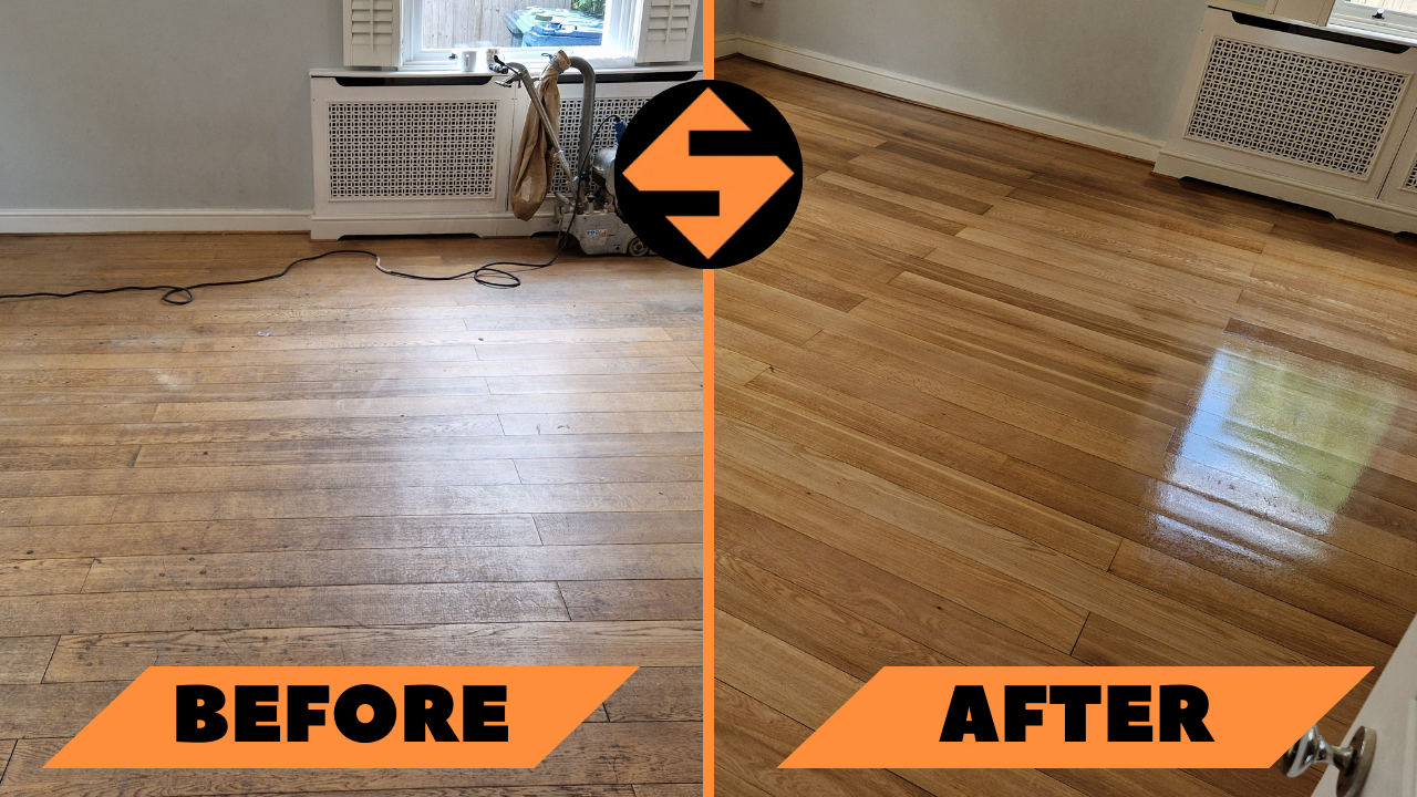 A before-and-after comparison of a wooden floor in a room with light-colored walls. The left side shows a worn, scratched, and dull floor with visible marks, while the right side shows the same floor after sanding and refinishing, now smooth, polished, and with a warm, light wood tone that reflects the natural light. The transformation highlights the significant improvement in the floor's appearance and the overall brightness of the room. The logo of "Sanding Wood Floors" is centered between the images.