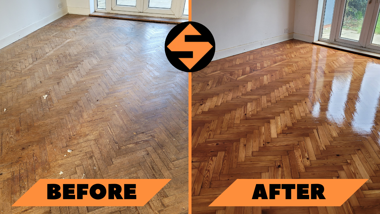 A before-and-after comparison of a wooden herringbone floor in a living room. The left side shows a worn and dull floor with visible scratches and dirt, while the right side shows the same floor after sanding and refinishing, now gleaming with a smooth, shiny finish that reflects the natural light from the windows. The transformation highlights the floor's restored beauty and rich wood tones. The logo of "Sanding Wood Floors" is centered between the images.