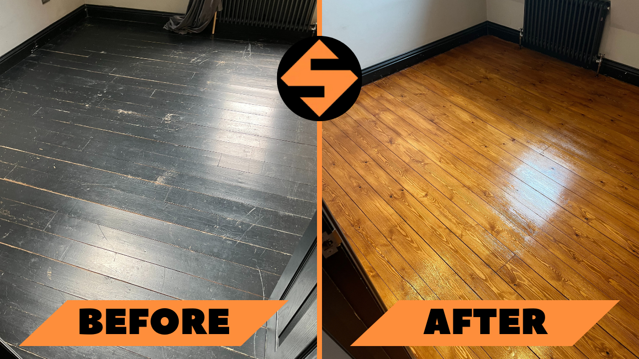 A "before and after" comparison of a living room's pine wood flooring. On the left, the floor is painted black with visible wear and scratches. On the right, the floor has been sanded and refinished to reveal the natural pine wood, giving it a polished and restored appearance.