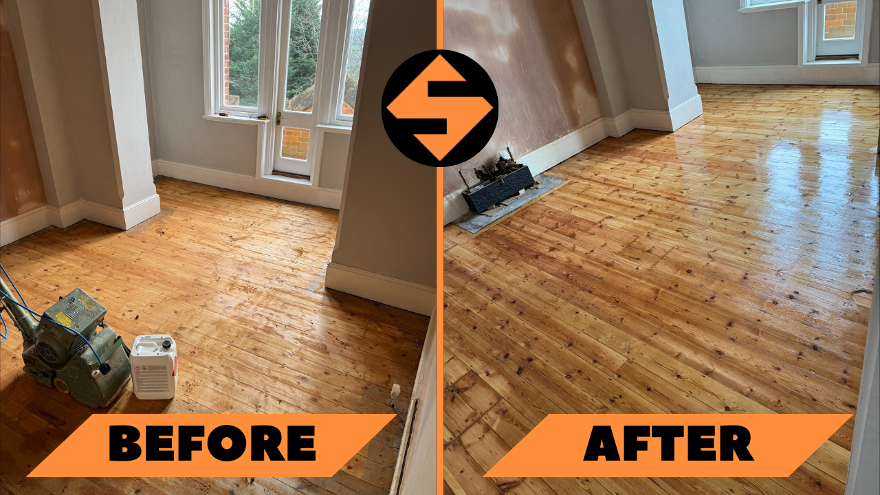 A before-and-after comparison of a wooden floor in a room with a large window. The left side shows the floor in a rough, unfinished state, with a sanding machine and a container on the floor. The right side displays the floor after sanding and refinishing, revealing a smooth, polished, and shiny surface.