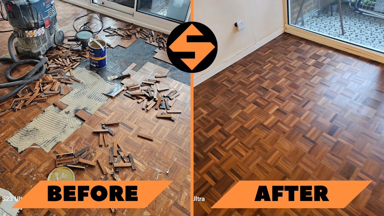 A before-and-after comparison of a parquet floor restoration project. The left side shows the floor before restoration, with damaged parquet tiles being removed, scattered wooden pieces, and visible adhesive residue. The right side shows the floor after restoration, with a fully repaired, polished parquet floor featuring a rich, uniform wood grain.