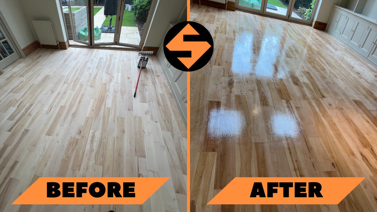 A living room floor shown before and after restoration. The left side displays the bare wooden floor before treatment, while the right side reveals a glossy, polished finish after the restoration process.