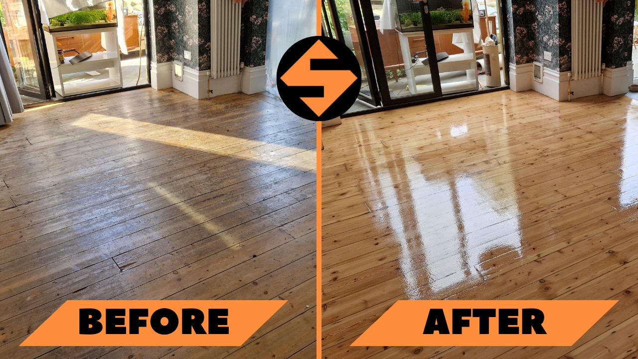 A living room floor restoration project before and after. The left side shows the floor before restoration, appearing worn and dull. The right side shows the same floor after restoration, with a shiny, polished wooden finish that reflects light from the glass doors.