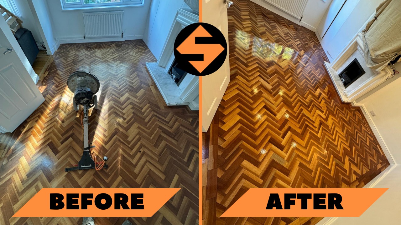 Before and after image of a herringbone wooden floor. The left side shows a worn-out floor with a floor sanding machine. The right side displays the same floor after being sanded and refinished to a shiny, polished look.