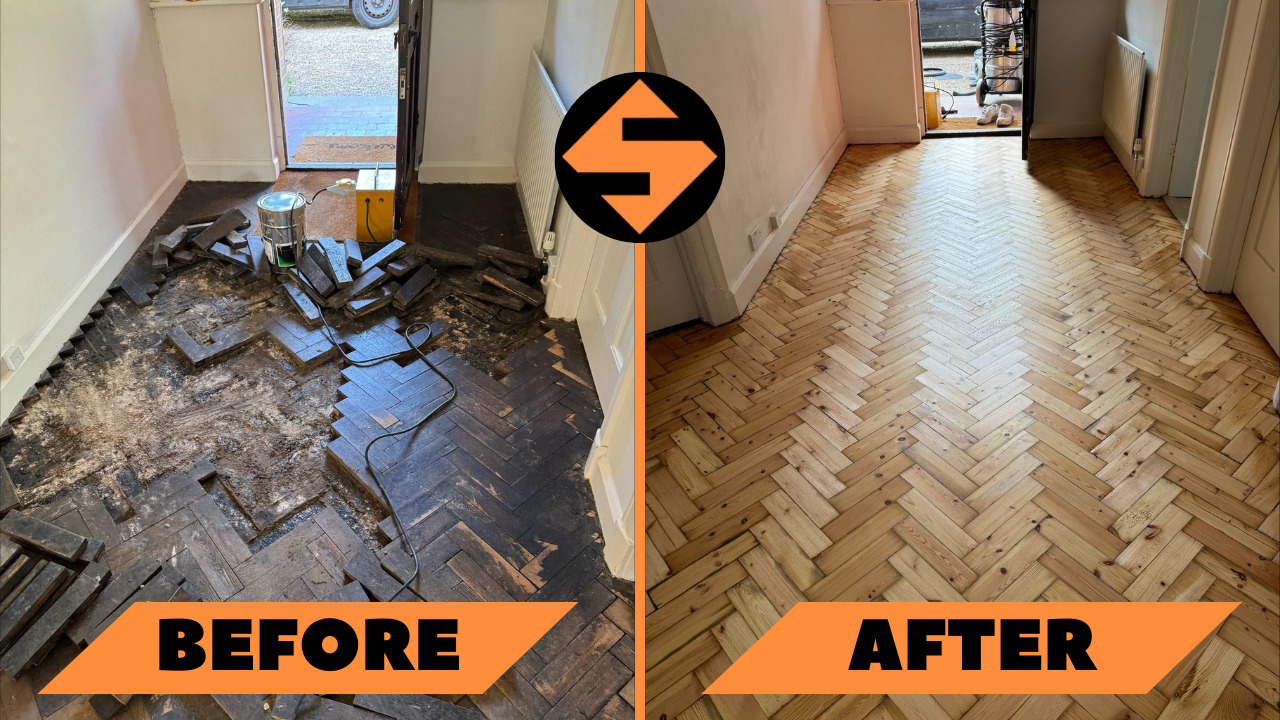 A before-and-after comparison of a wooden herringbone floor in an entryway. The left side shows a heavily damaged and partially dismantled dark-stained wooden floor, while the right side shows the same floor after sanding and refinishing, now restored to a light, natural wood color with a smooth and polished finish. The transformation highlights the significant improvement in the floor's appearance. The logo of "Sanding Wood Floors" is centered between the images.