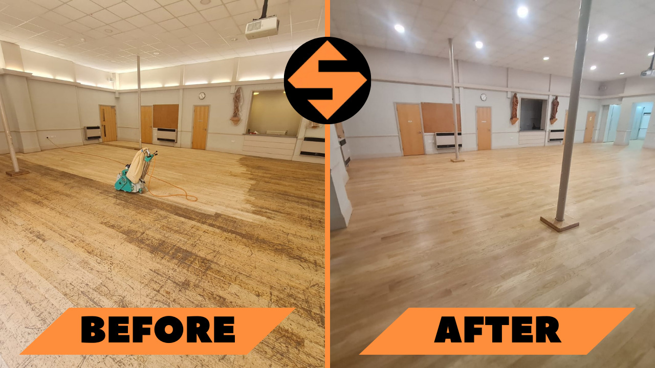 A large room with wooden flooring, shown in a before and after state of floor restoration. The left side (before) displays a heavily worn and scratched wooden floor, with a floor sander visible, while the right side (after) shows the same space with a beautifully restored and polished wooden floor. This floor sanding and refinishing was done by "Sanding Wood Floors" in Beech, UK.