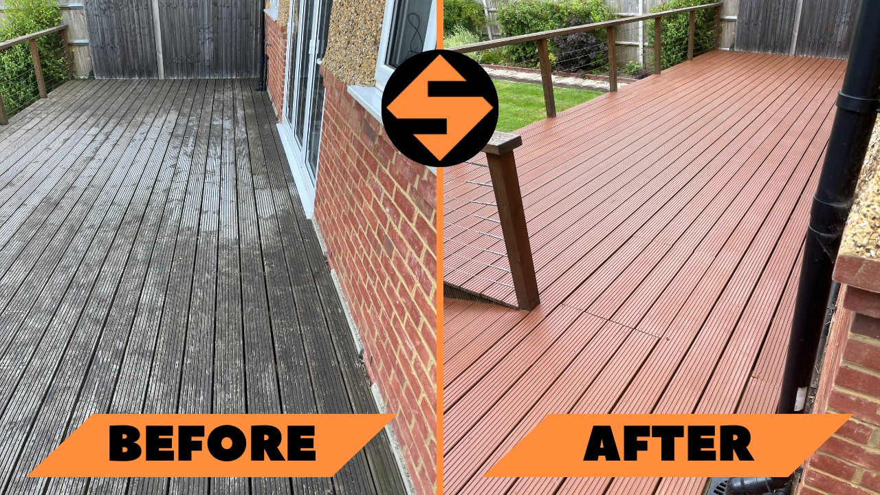 A before-and-after comparison of an outdoor deck. The left side (before) shows a weathered and grey deck surface. The right side (after) displays the same deck after sanding and refinishing, revealing a rich, warm brown colour with a smooth finish. This transformation was completed by "Sanding Wood Floors" in Beech, UK.