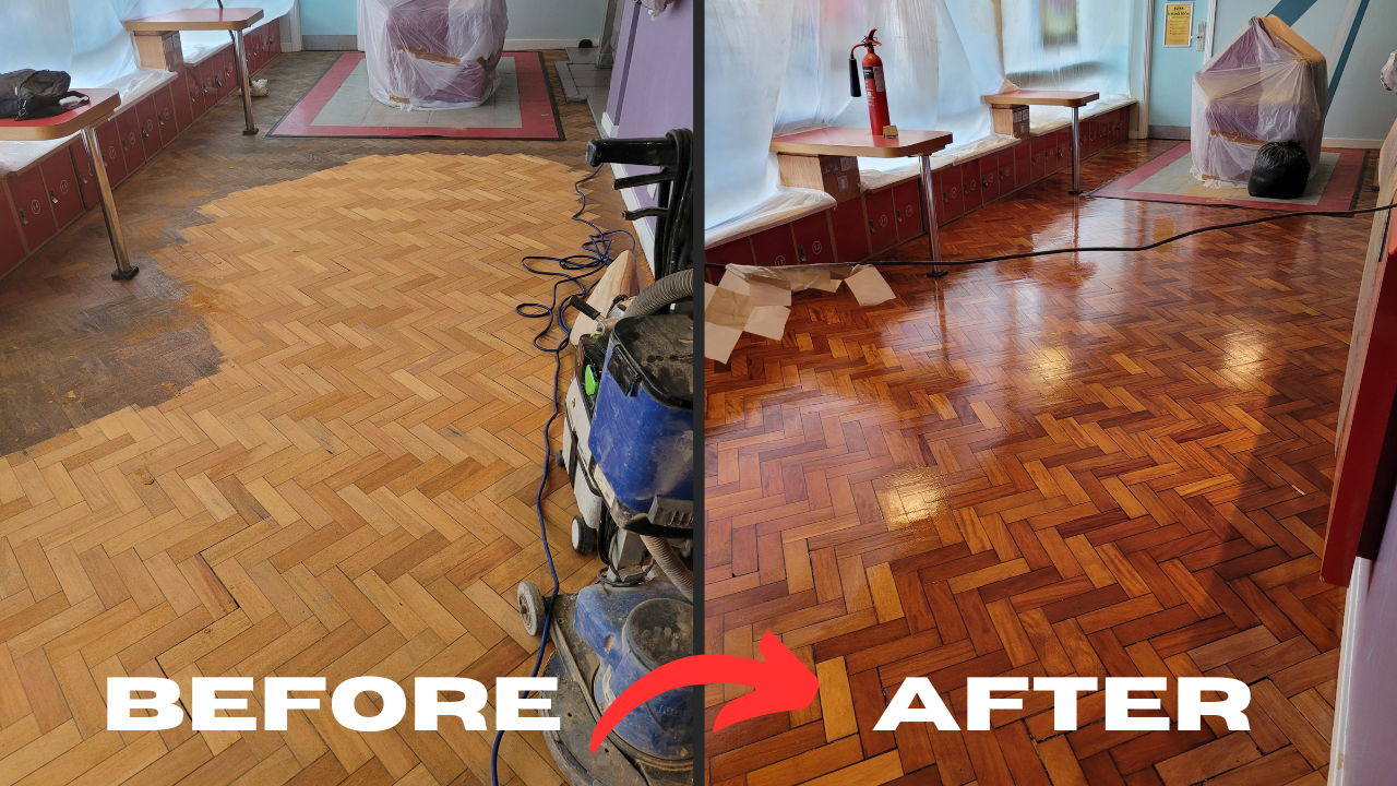 Commercial Sanding before‑and‑after of an oak herringbone parquet floor, showing dramatic transformation from dull, worn surface to a rich, gloss‑sealed finish.