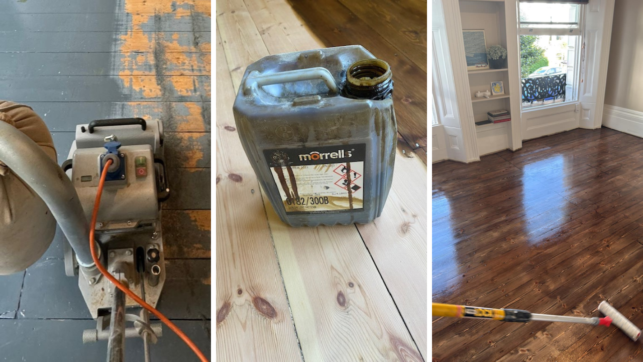 Dust-Free Floor Sanding stages on East Sheen pine floorboards—from paint removal, through stain preparation, to the freshly finished surface.