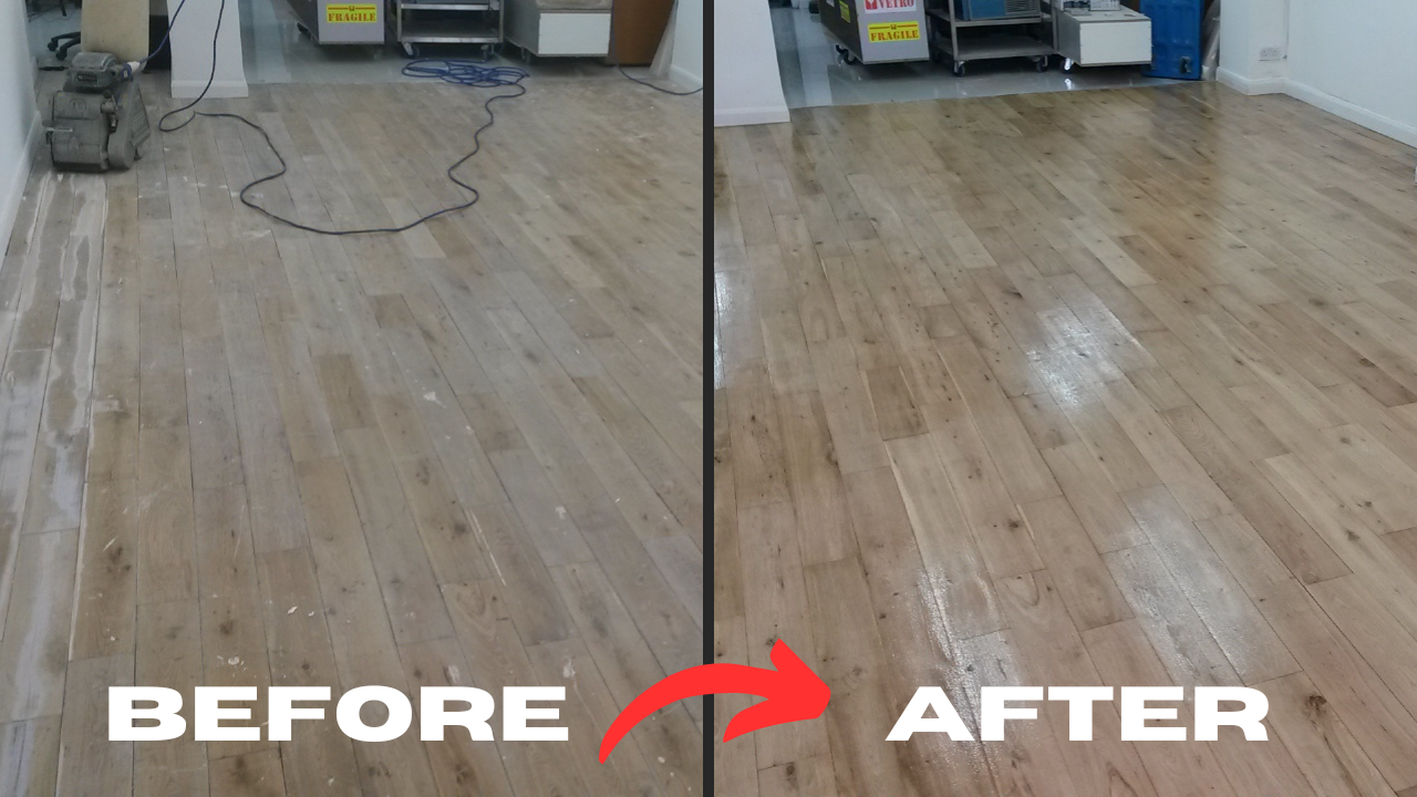 Office Floor Sanding before-and-after on engineered oak plank hardwood floor, showing transformation from dull, scuffed boards to freshly sanded and sealed surface with commercial finish.